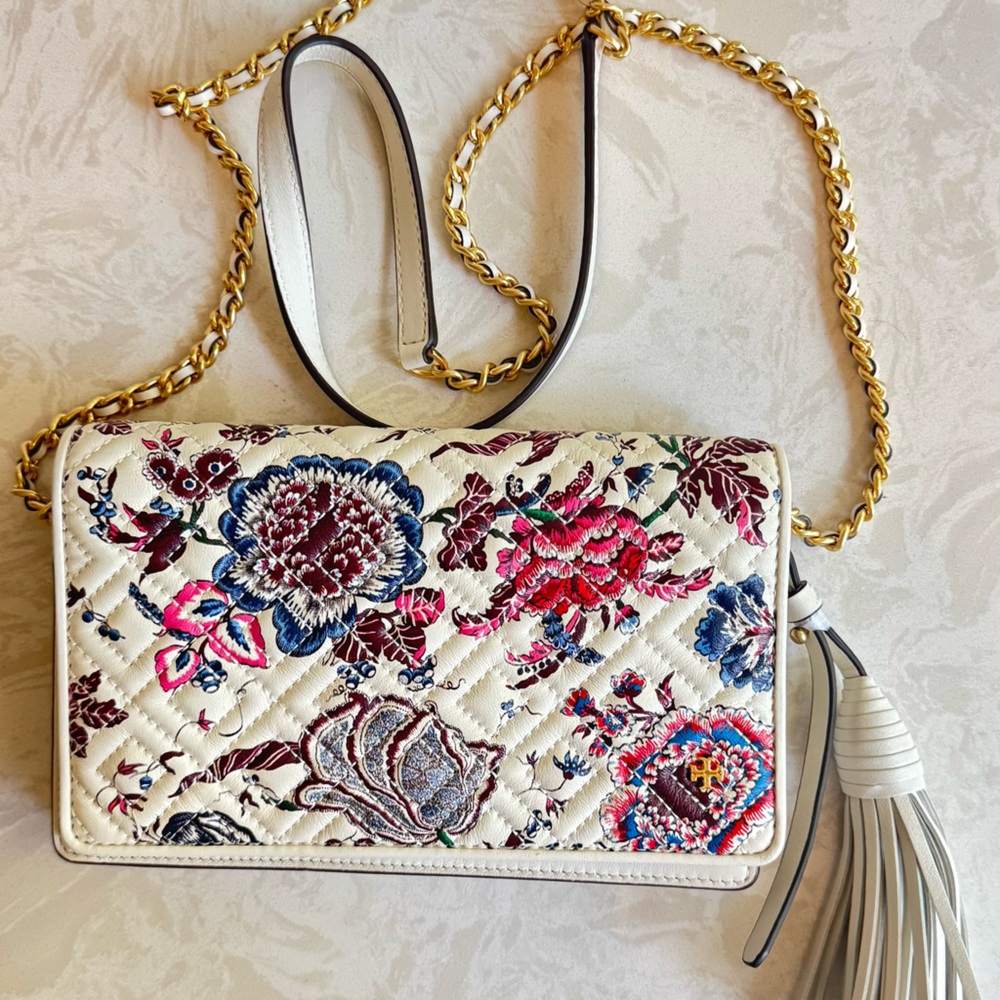Tory Burch Floral Quilted Crossbody Bag with Gold Chain
